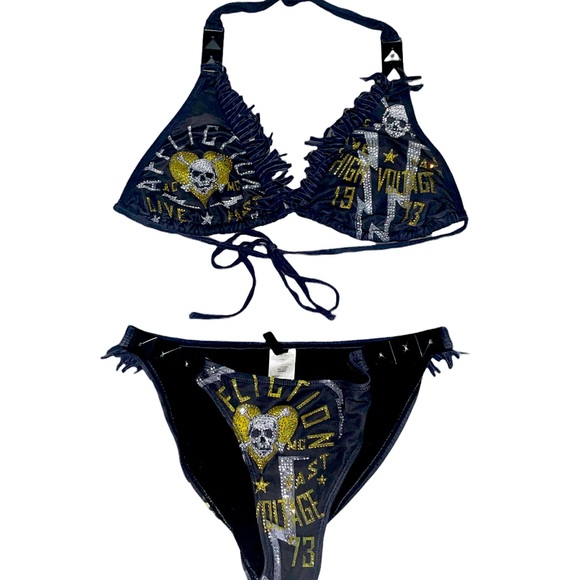 Affliction Other - Affliction High Voltage black swimsuit with fringe trim size S bottoms and M top